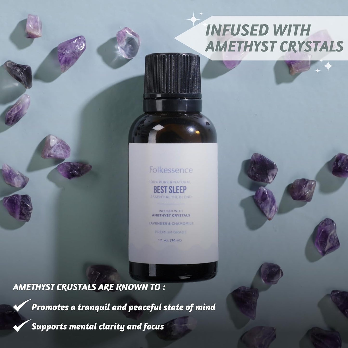 Folkulture Sleep Essential Oil Blends | 100% Pure & Natural 1 Fl. Oz. | Chamomile & Lavender Essential Oil Premium Grade | Infused with Amethyst Crystal for Diffusers for Home.