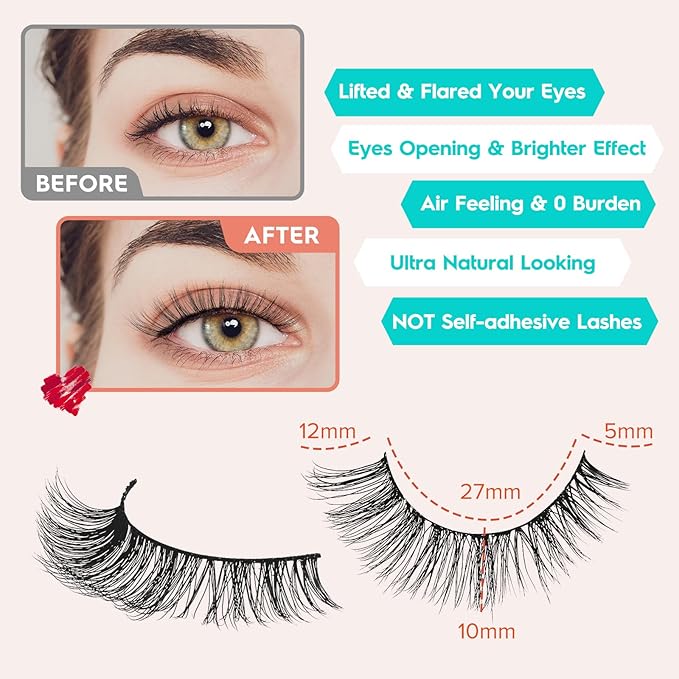 Lashes Wispy False Eyelashes Cat Eye Lashes Natural Look 3D Volume Fake Eyelashes Thin Band Lashes 12mm Natural Eye Lashes C Curl Siligli Lashes Pack 10 Pair