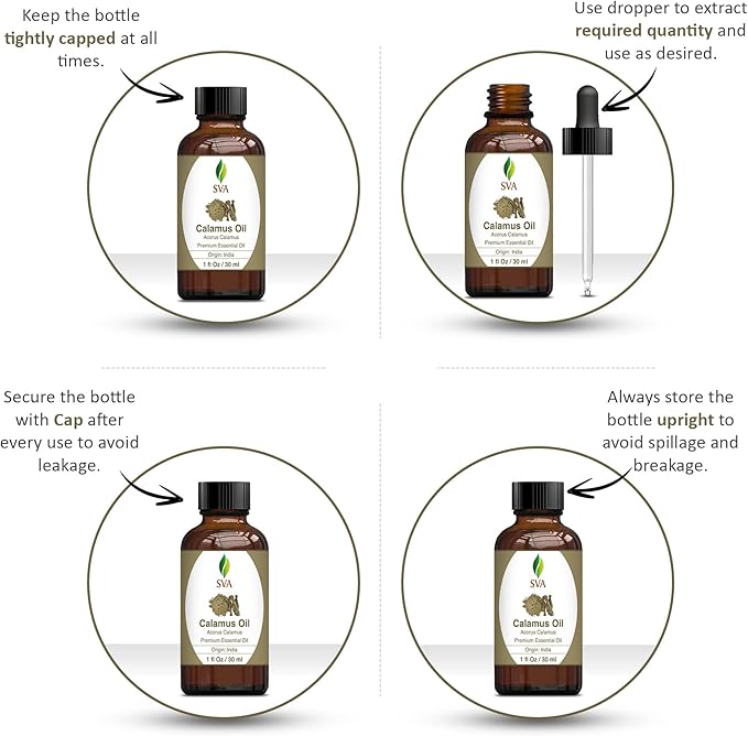 SVA Calamus Essential Oil – 1 Fl Oz – 100% Natural Calamus Oil - for Diffuser, Hair Care, Face, Skin Care, Aromatherapy, Scalp and Body Massage, Soap and Candle Making – with Dropper