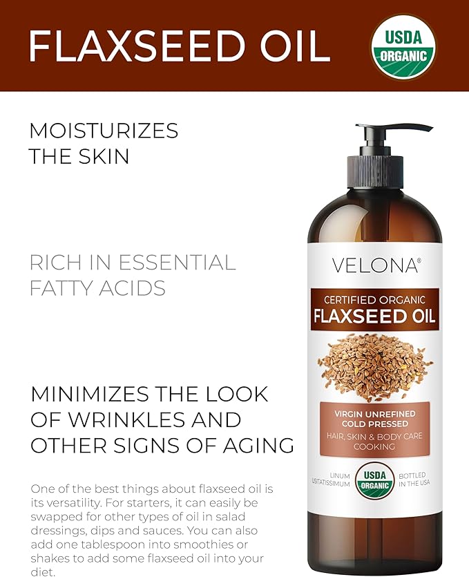 velona USDA Certified Organic Flaxseed Oil - 16 Fl Oz | 100% Pure and Natural Carrier Oil | Unrefined, Cold Pressed |Body, Face & Skin Care | Use Today - Enjoy Results…