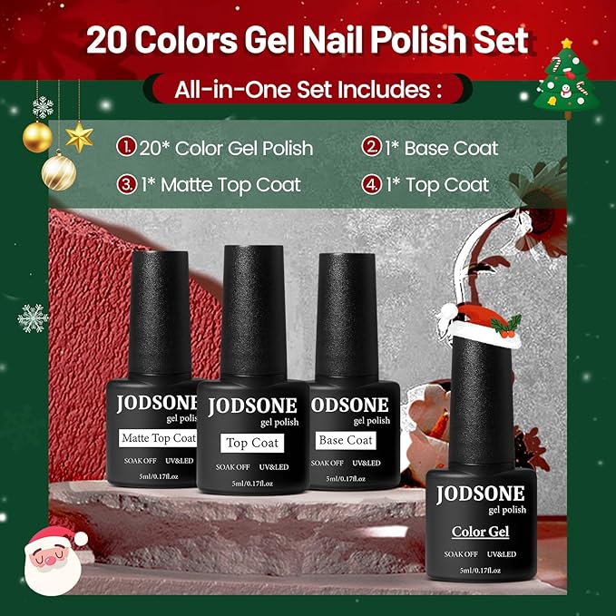 JODSONE Gel Nail Set 20+3 Colors High Shine Gorgeous Gel Polish Base Top Matte Coat Nice Gifts Show Charm