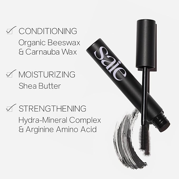 Saie Mascara 101 - Lash Lengthening Mascara for Thick, Bold, Lifted Lashes - Buildable Eye Makeup Formulated to Strengthen and Condition with Rich Nutrients - Black (0.31 oz)
