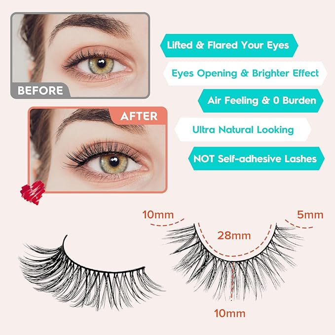 Wispy Cat Eye Lashes False Eyelashes Natural 10mm Short Lashes Pack Soft Strip Eyelash 3D Volume C Curl Natural Eyelashes 7 Pair Siligli Eyelashes