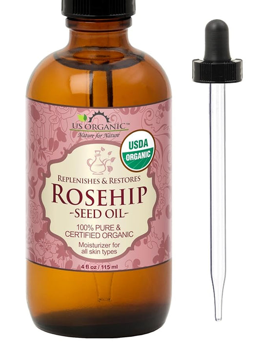 US Organic Rosehip Seed Oil, USDA Certified Organic, Cold Pressed, Virgin Organic, Amber Glass Bottle and Glass Eyedropper for Easy Application - 4 oz (115 ml)