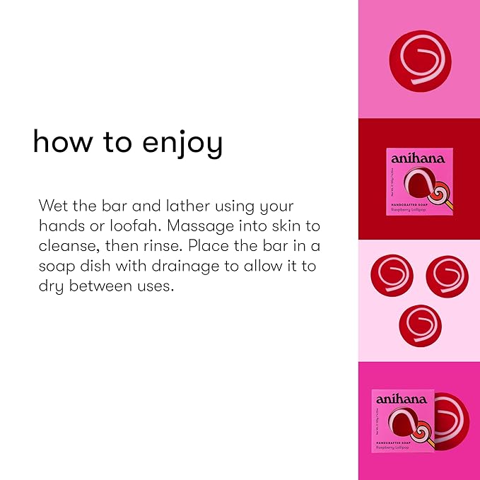 ANIHANA Handcrafted Natural Soap with Coconut Oil, Gentle Cleansing, Paraben Free, Refreshing Raspberry Lollipop Scent, 4.23 oz