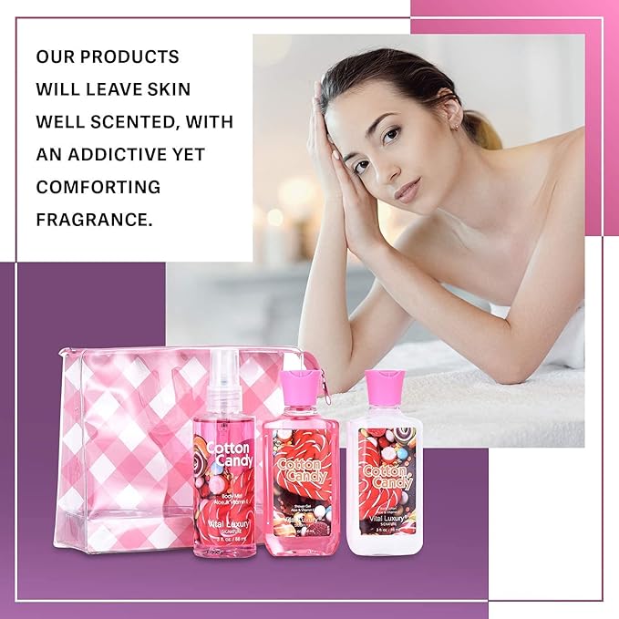 Bath & Body Care Travel Set - Home Spa Set with Body Lotion, Shower Gel and Fragrance Mist, Valentines Day Gifts for Her and Him(Cotton Candy)