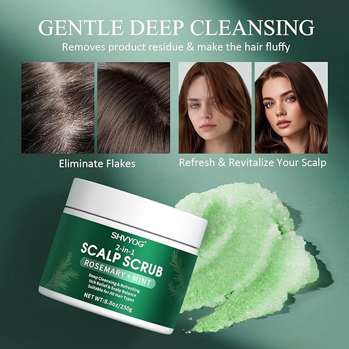 SHVYOG Scalp Scrub, Rosemary Exfoliator Scrub with Peppermint & Sea Salt, Anti-Dandruff Detox Clarifying Exfoliator Shampoo for Deep Scalp Cleanse with Scalp Massager