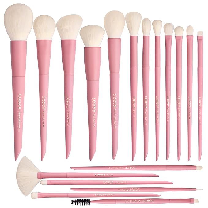 LORYP Makeup Brushes Set Labeled 18 Piece Face and Eye Brush Set Ultra soft hair Foundation, Concealer, Blush, Contour, Blending, Eyeshadow Pink Brush kit