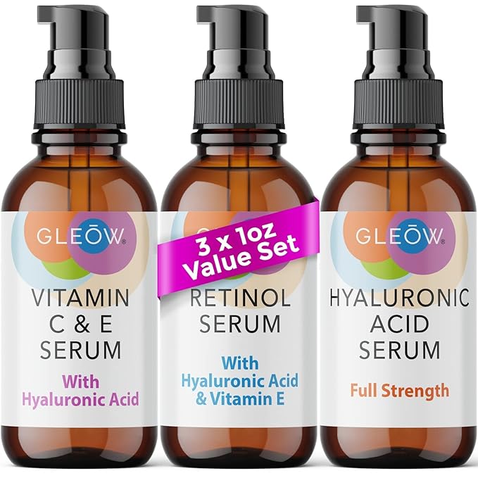 Retinol Serum for Face, Vitamin C with Hyaluronic Acid Face Serum for Women and Men, Glow Skin Care Set Total Package Targets Appearance of Uneven Skin Tone and Dryness 3x1oz