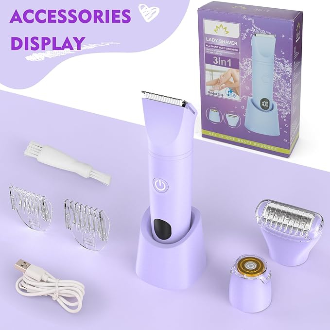 Bikini Trimmer for Women, 3 in 1 Electric Razors for Women, Waterproof Pubic Hair Trimmer and Facial Hair Remover, Rechargeable Electric Shaver for Underarm Leg Arm Body with LED Display