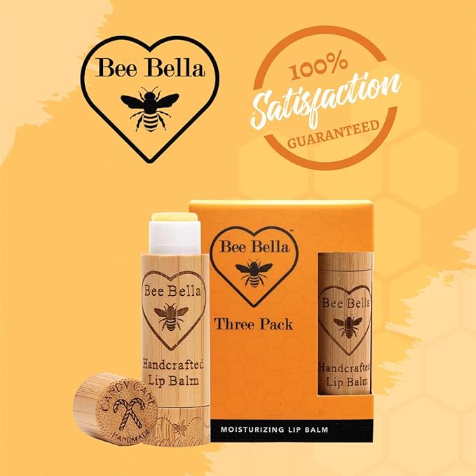 Bee Bella Lip Balm, Candy Cane, 3 Pack - Hydrating, Moisturizing Lip Care, 100% Natural, Original Organic Beeswax with Vitamin E, Handmade in USA