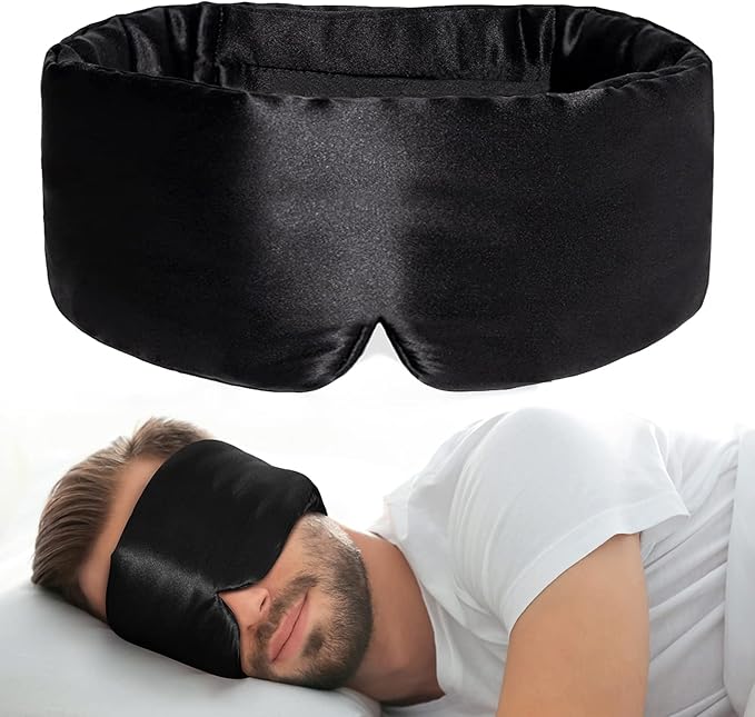 100% Natural Silk Eye Mask for Women Men, Soft Pressureless Cooling Blackout Eye Covers for Sleeping, Large Size Sleep Mask fits All Heads Adjustable, 1PC, Black