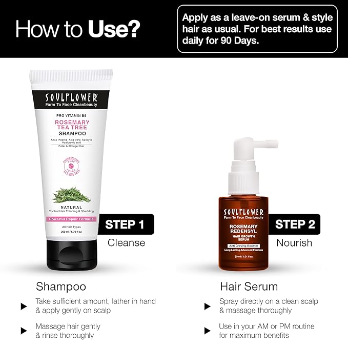 Soulflower Rosemary Redensyl Hair Growth Serum | 3% Redensyl, 4% Anagain, Melanogray, Caffeine, Biotin, Keratin, Tea Tree, Chia Seeds, Rice Water | Men, Women | 30 ml