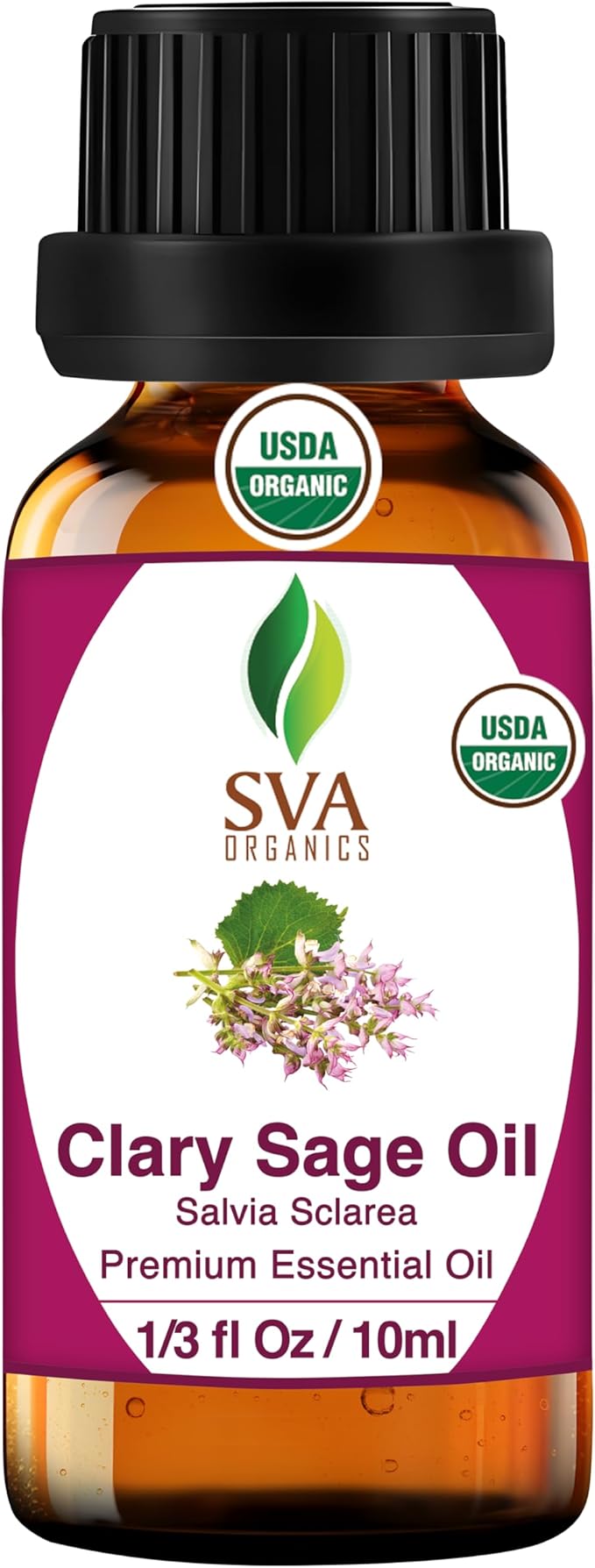 SVA Clary Sage Essential Oil Organic – 1/3 Fl Oz – 100% Natural Organic Clary Sage Oil - for Diffuser, Hair Care, Face, Skin Care, Aromatherapy, Scalp and Body Massage, Soap and Candle Making