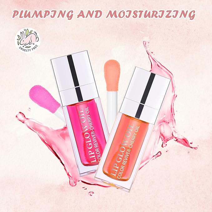 2PCS Lip Oil Set, Hydrating Lip Glow Oil Lip Plumper Gloss, Tinted Lip Oils Transparent Long Lasting Non-sticky Lip Gloss, Plumping Lip Gloss Lip Care Kit (Raspberry & Pink)