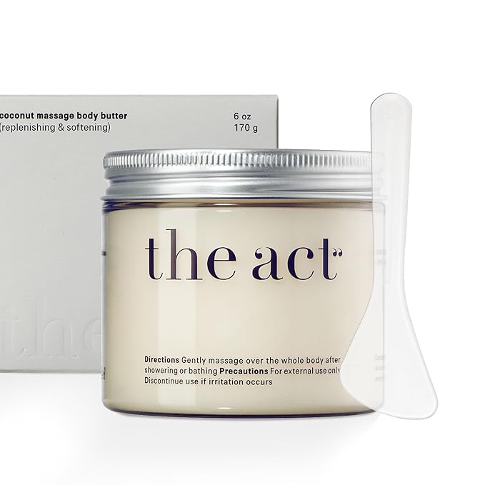 THE ACT Solid Coconut Body Butter β Organic Vegan Moisturizer with Shea & Almond Oils β Melts in Hands β Massage Balm for Dry Skin β Natural Skincare for Women & Men β 6 oz with Spatula