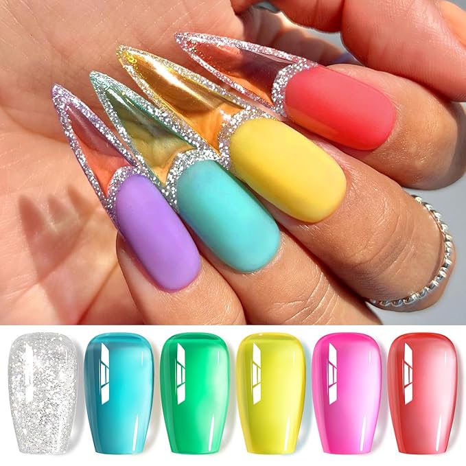 Born Pretty Jelly Gel Nail Polish Set Spring Summer Crystal Glass Translucent Pastel Sheer Gel Polish Pink Green Blue Red Yellow Silver Shiny Glitter Gel Nail Polish Nail Art Gel DIY Gift 6PCS