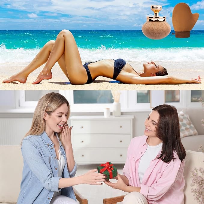 Self Tanning Brushes- Blend & Blur Extra Large Body Makeup Brush & Tanning Mitt, 2 Pcs, Kabuki Body Brush Applicator for Tan, Foundation, Self Tanner Glove for Application, Mousse, Lotion (Rose Gold)