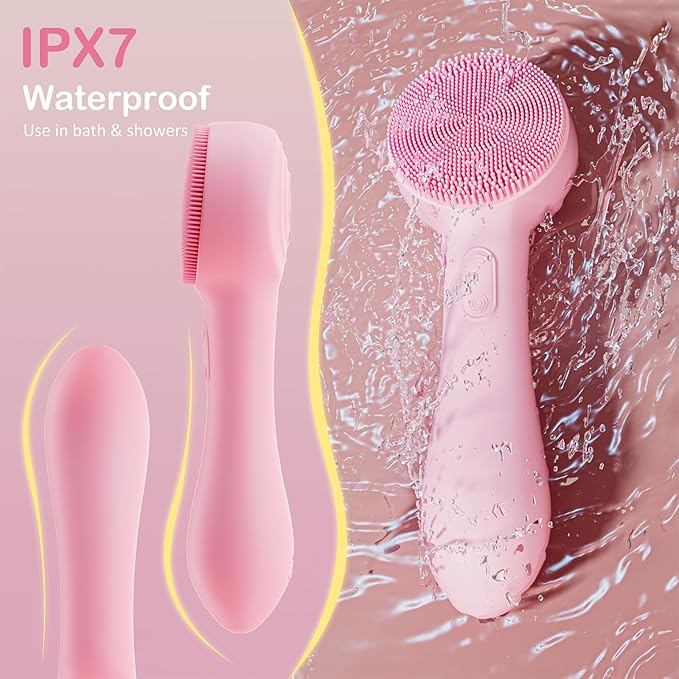 Facial Cleansing Brush Silicone Face Scrubber Waterproof Rechargeable Exfoliator Massage Device for Men & Women, Deep Pore Cleansing, Exfoliating, Removing Blackhead Electric Face Scrub Brush (Pink)