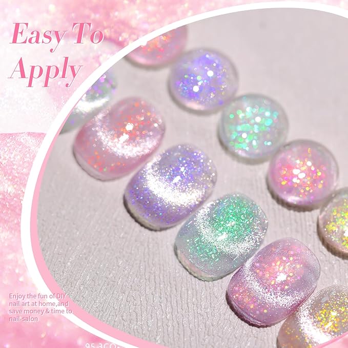 Born Pretty Cat Magnetic Eye Gel Nail Polish, Mermaid Aurora Holographic Pink Blue Green Yellow Gel Polish, Soak Off U V LED Gel Polish Nail Art Design Manicure Salon DIY Home 7ML 6PCS