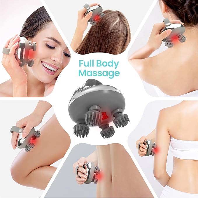 Portable Electric Scalp Massager - Rechargeable IPX7 Waterproof Heated Scalp Massager w/ 100 Kneading Nodes, 3 Speed Modes, 2 Massage Styles, 8 Claws for Scalp/Body Massage & Face Cleaning (Silver)