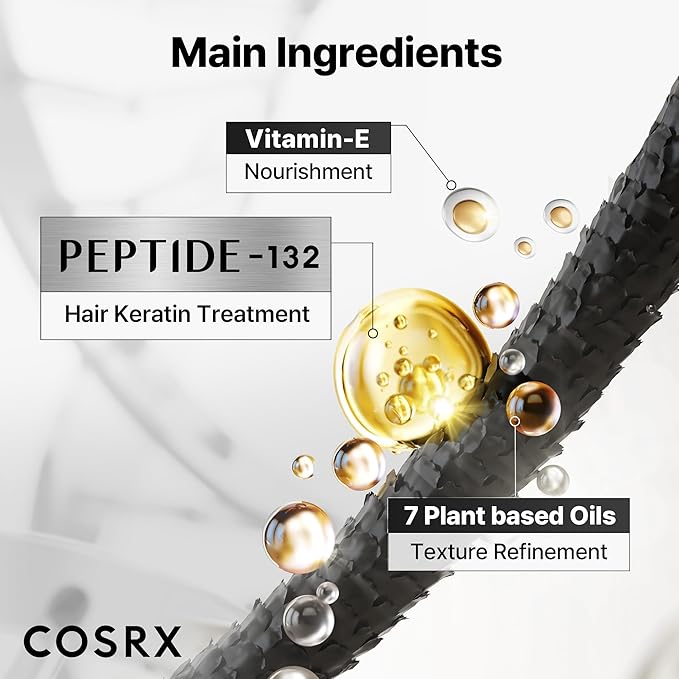 COSRX PEPTIDE 132 Hair Bonding Oil Serum, Travel Size Keratin Treatment for Frizzy, Damaged, Dry Hair – Repairs Split Ends, Adds Hair Gloss with Argan & Jojoba Oils – For All Hair Types – 0.94 fl oz