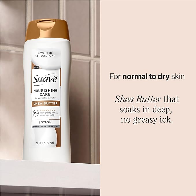 Suave Nourishing Care Hand & Body Lotion with Shea Butter for Women, Deep Moisture for Dry Skin, Fast Absorbing, Allergen Free Moisturizing Cream, 18FL OZ, 6 Pack