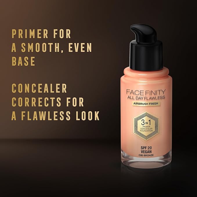 Max Factor Facefinity 3-in-1 All Day Flawless Liquid Foundation, SPF 20-32 Light Beige, 30 ml