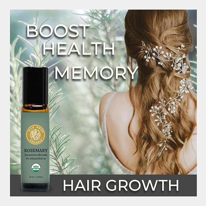Silk Road Organic Rosemary Essential Oil & Jojoba Roll On, 100% Pure USDA Certified Aromatherapy to Improve Memory & Focus & Hair Health - 10 ml Roller