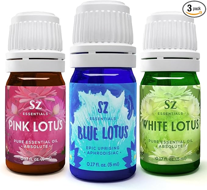 Divine Essential Oils Collection - Blue, Pink, White Lotus - Set of 3 Bottles (0.17 Fl Oz - 5ml Each) - 100% Pure, Natural & Undiluted - Therapeutic Grade & Vegan
