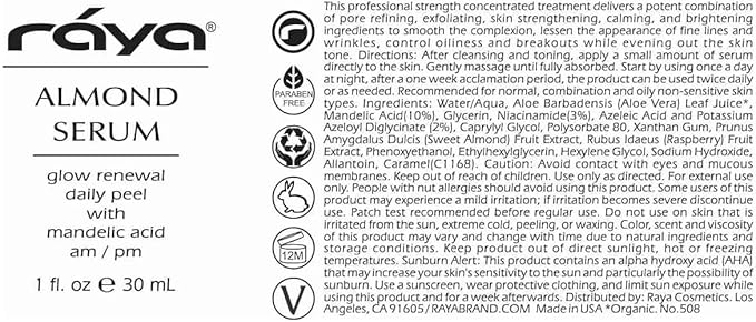 RAYA Almond Serum (508) | Exfoliating Facial Peel for Combination and Oily Skin | Helps Minimize Pores and Brighten Complexion