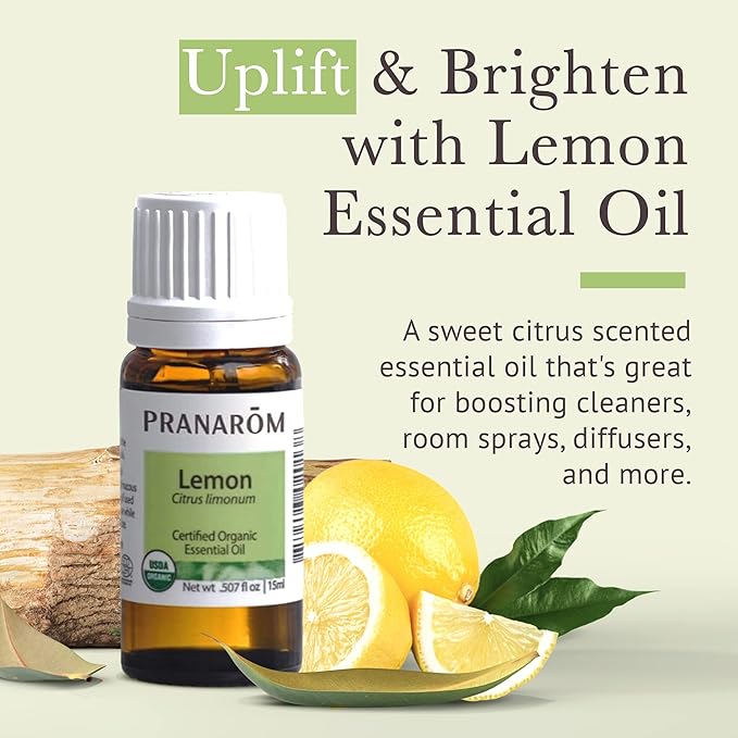 Pranarom USDA Certified Organic Lemon Essential Oil (15ml), 100% Pure Undiluted Therapeutic Grade from Argentina for Aromatherapy, Diffuser, DIY, Cleaning, Fresh Lemon Scent