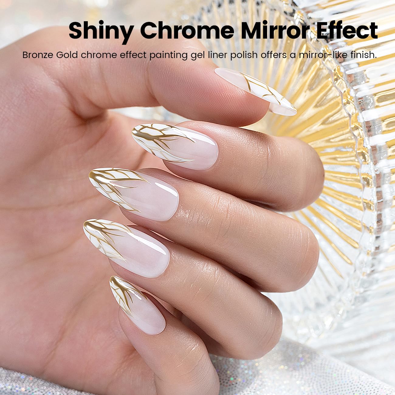 RARJSM Metallic Gel Liner Nail Art Silver Bronze Gold 2pcs Set Mirror Chrome 3D Effect Gel Nail Polish 8ml Build in Thin Brush Metal Painted Drawing Stripper Gelpolish Curing Requires for Home Salon