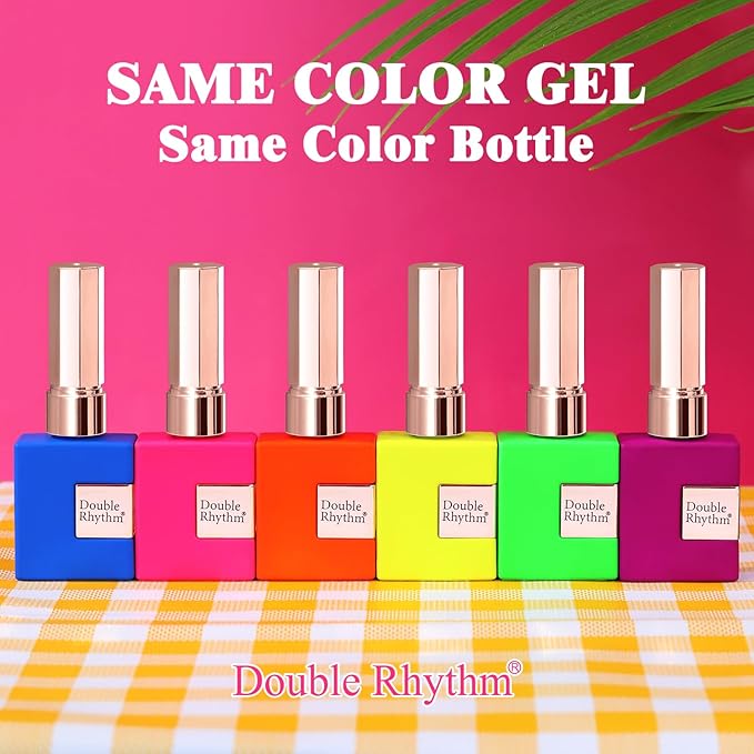 Double Rhythm 6 Pcs 15 ML Gel Polish Set Same Color Same Bottle Soak Off Gel Polish Kit Nail Art Manicure Salon DIY at Home for Women (Neon Green Red Pink Blue Purple-T6-12)