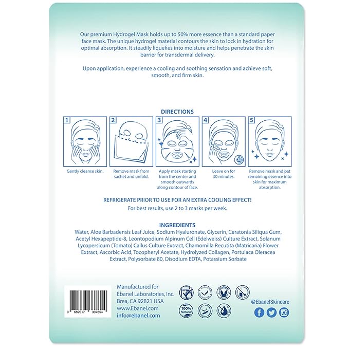 Ebanel 10 Pack Hydrogel Collagen Face Mask with Hyaluronic Acid, Vitamin C, Peptide, Aloe, Instant Brightening Hydrating Face Masks Skincare Korean Sheet Mask, Skin Firming, Lifting Anti Aging Masks