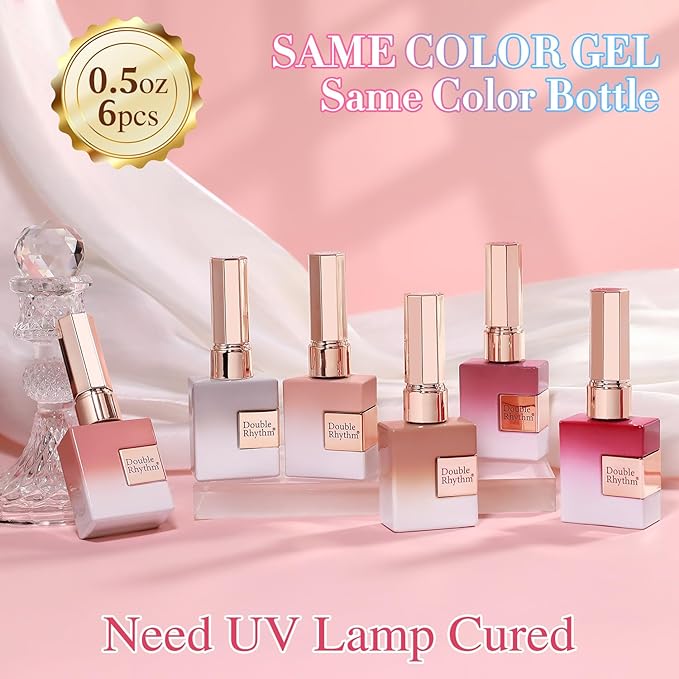 Double Rhythm 6 Pcs 15 ML Gel Polish Set Same Color Same Bottle Soak Off Gel Polish Kit Nail Art Manicure Salon DIY at Home for Women (Milky White Jelly Pink Nude Peach-T6-24)