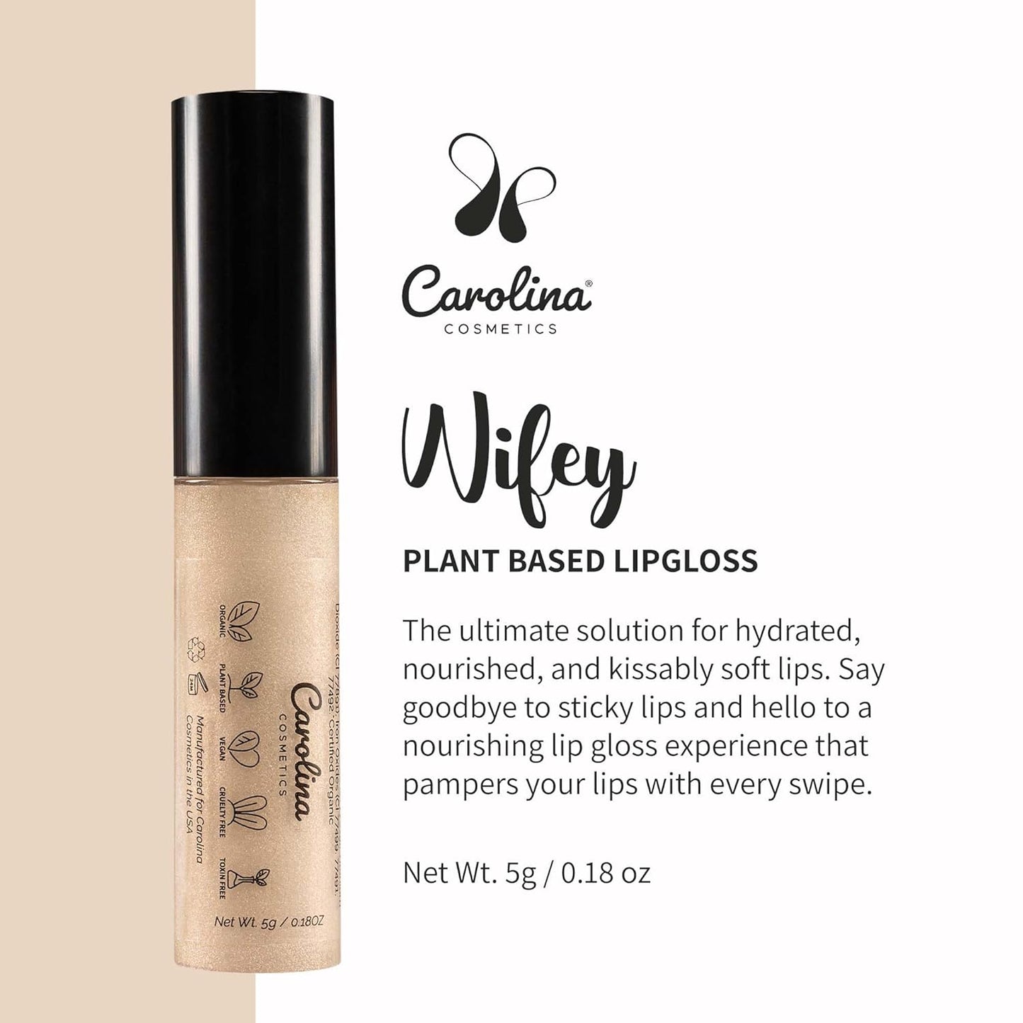Plant-Based Non-Sticky Lip Gloss (Wifey) - Hydrating & Nourishing - Sunflower Seed Oil, Cacao & Grape Seed Oil - Gluten-Free, Vegan, Non-GMO, Paraben-Free - 5g/0.18oz