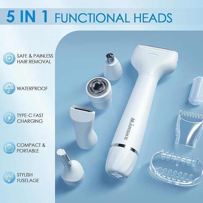 5 in 1 Facial Hair Removal and Bikini Hair Trimmer for Women, Nose Eyebrow pubic Hair Trimmer,Replaceable Electric Razors, Waterproof Electric Shaver Easy Cleaning, Women's Grooming Kit