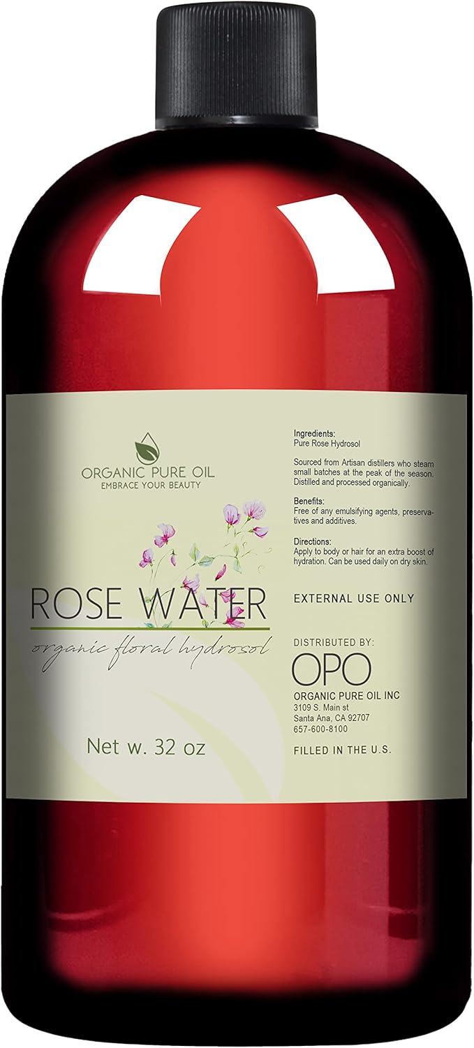 Rose Hydrosol Water - 32 oz - Pure Rose Hydrosol β Hydrating Face Toner Rose Water for Skin and Hair, Linen Spray for Sheets, Room Freshener, Body Spray by Organic Pure Oil - Packaging May Vary