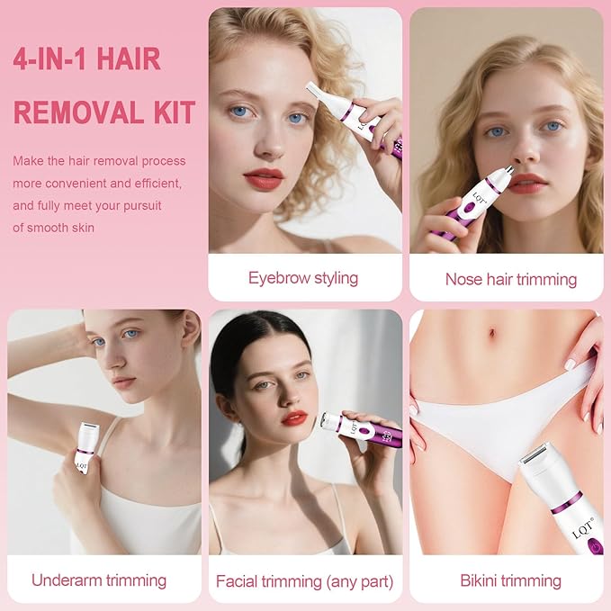 Electric Bikini Trimmer for Women,Led Power Display Removal for Body Nose Hair Trimmer Face Shavers Eyebrow Legs Armpit Bikini Area Pubic Underarms Rechargeable Portable 4 in 1 Womens Razors Set