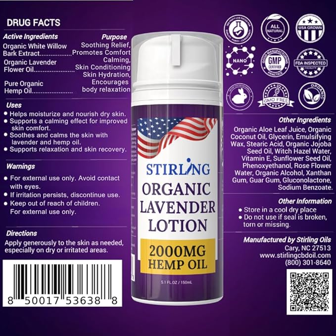 STIRLING Lavender Lotion β Organic Lavender with 2000mg Hemp Oil, Aloe Vera, and Vitamin E β Nourishing and Moisturizing Body Lotion for a Soft and Smooth Feel