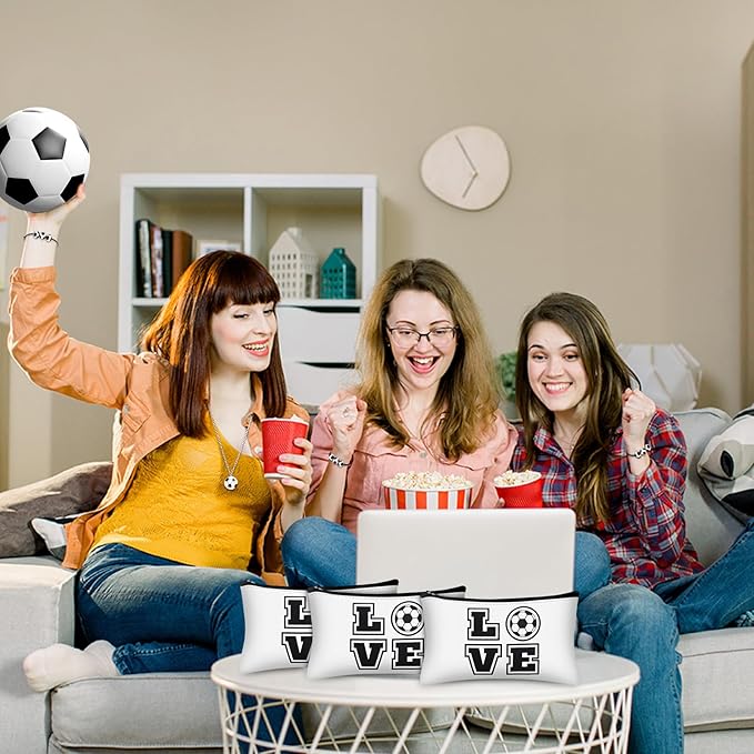 72 Pcs Sports Team Gifts Include 12 Makeup Bags 12 Lip Balm 12 Lip Balm Holder 12 Necklace 12 Adjustable Bracelet 12 Mirrors for Sports Lovers Players Party Favors (Black, Soccer)