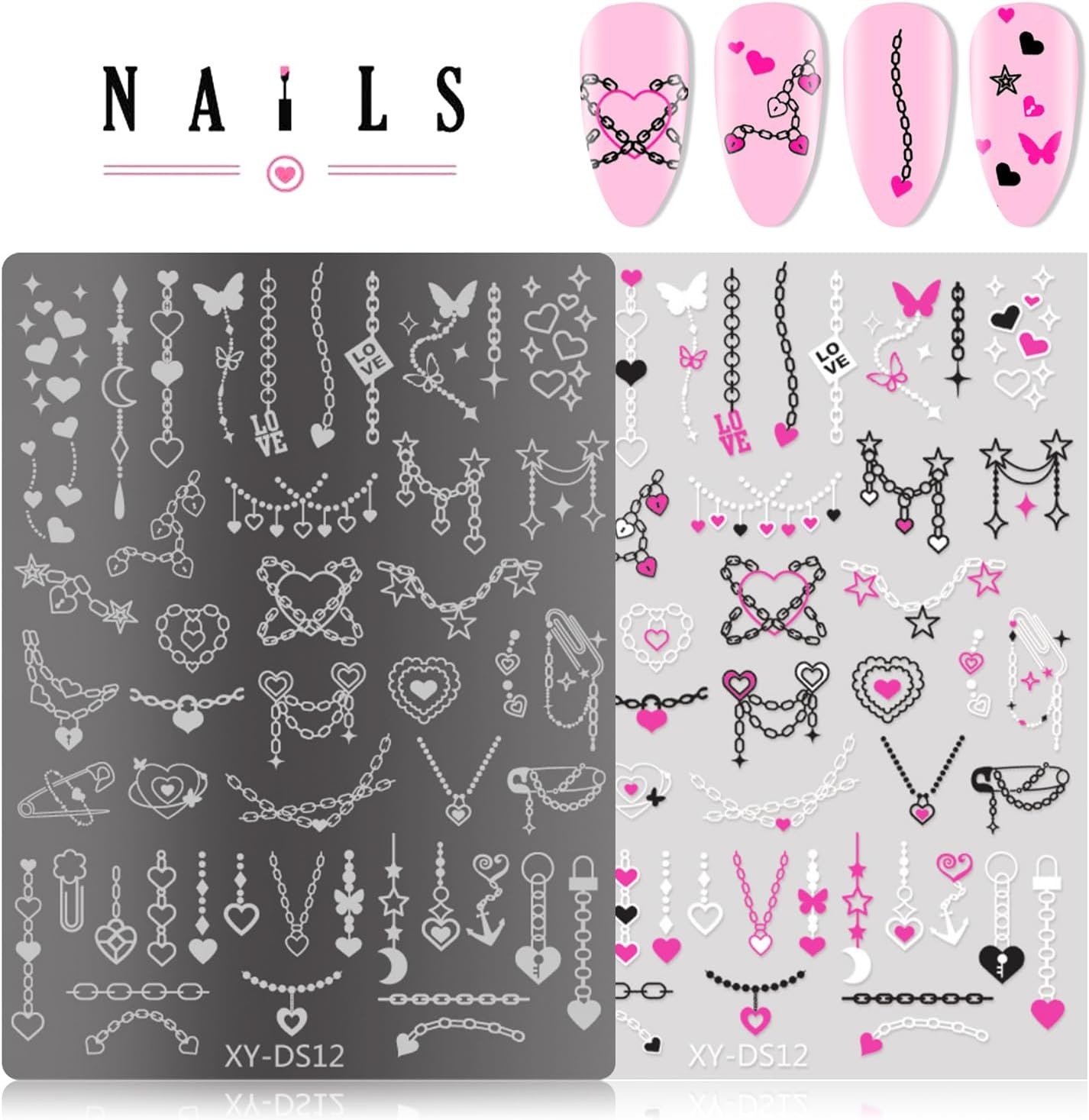 4Pcs Gothic Cute Nail Stamping Plate Set - Dark Kawaii Nail Art Templates, Stainless Steel Spooky Sweet Nail Stamp Plates with Skull & Lace Patterns for Halloween DIY Manicure Printing Tools