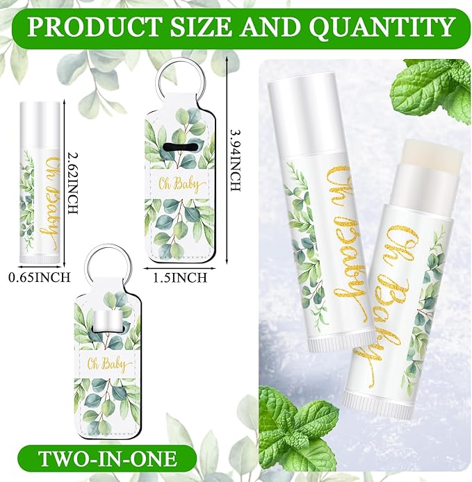 18 Sets Baby Shower Bridal Shower Favors for Guests Bulk Lip Balm and Lipstick Holder Keychains Set Baby Shower Bridal Shower Goodies Bags Thank You Gifts for Guests(Eucalyptus Baby)