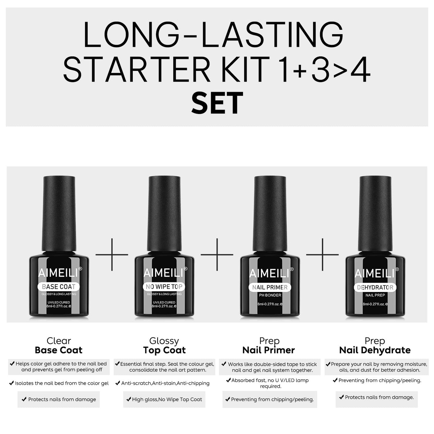 AIMEILI Gel Nail Polish 4pcs, Hema Free, Cruelty Free, Vegan, U V LED Nail Art - Base Coat, No Wipe Top Coat, Nail Dehydrator and Primer