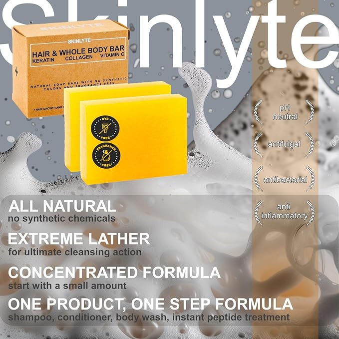 Natural Hair & Whole Body Bar Soap -Hair & Skin Treatment- Keratin & Collagen Peptides | Hair: Promotes Growth, Repair, Strength, Volume | Skin: Anti-Aging, Firm, Elasticity w/Organic Sulfur