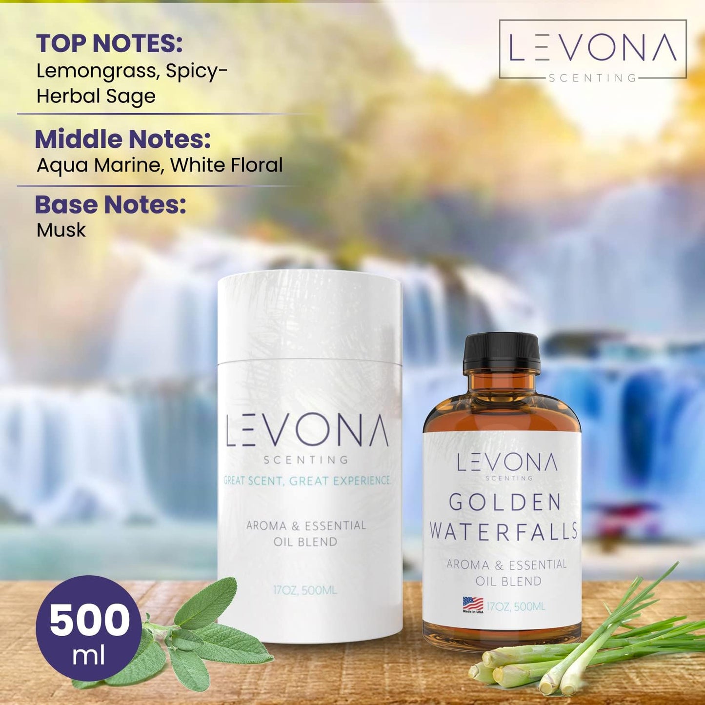 Levona Scent Pure Essential Oils for Diffusers for Home, Hotel & Office - Golden Waterfalls Essential Oils for Diffuser Oil and Humidifiers - Home Luxury Scents - Scented Fragrance Oil Blends