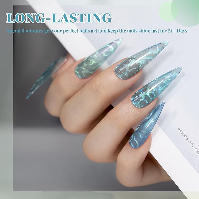 RARJSM Blue Cat Eye Gel Nail Polish Set 6pcs Reflective Diamond Glitter Clear Light Gray Sea Blue Green Tone Glass Cateye Gelpolish with Magnet Stick 7.5ml Curing Requires Soak Off for Home Salon