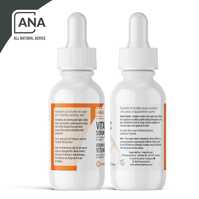 All Natural Advice Vitamin C Serum 30mL | 20% Vitamin C Face Serum Solution with Organic Botanicals, Hyaluronic Acid & Vitamin E | UV-Shielding Glass Bottle with Dropper | Canadian Skin Care