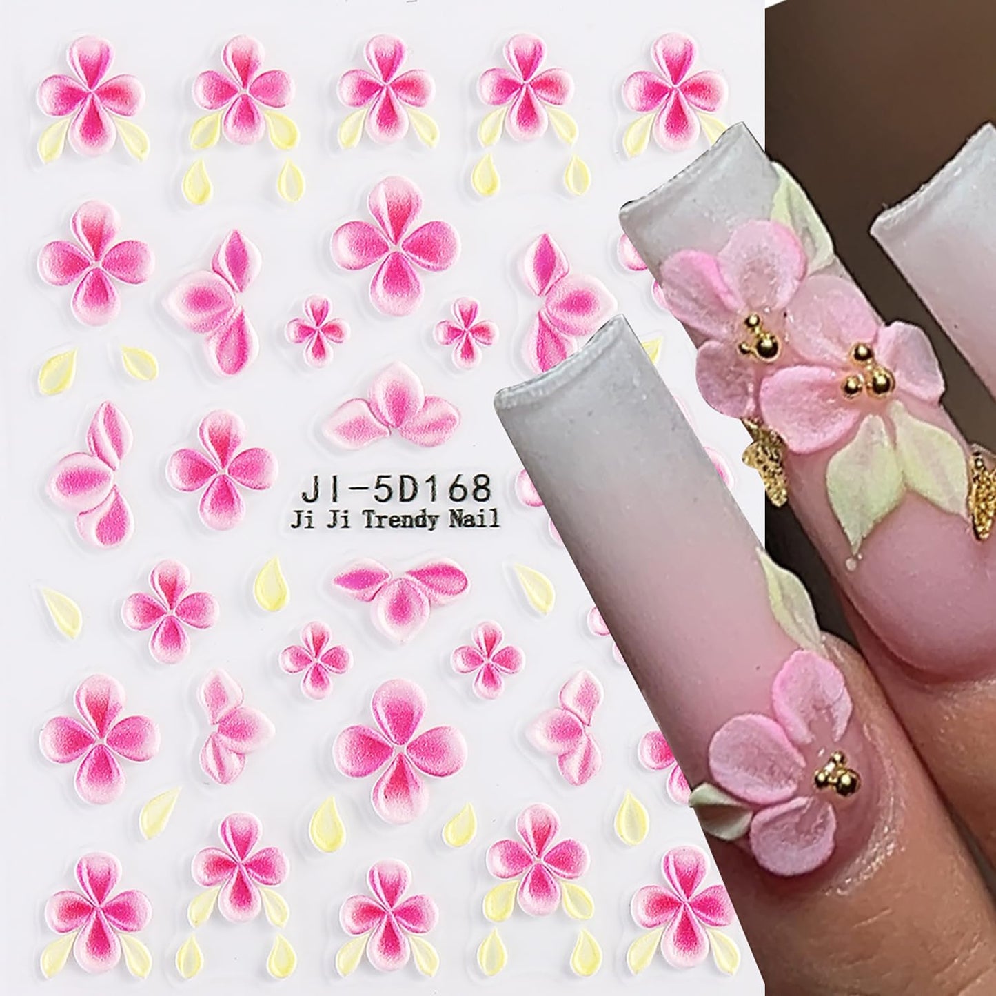 4 Sheets 5D Flower Nail Art Sticker Stereoscopic Floral Self-Adhesive Nails Stickers Blossom Nail Art Decals Holographic Flowers Decal for Women Pink Blue Red Manicure Stickers DIY Nails Supplies